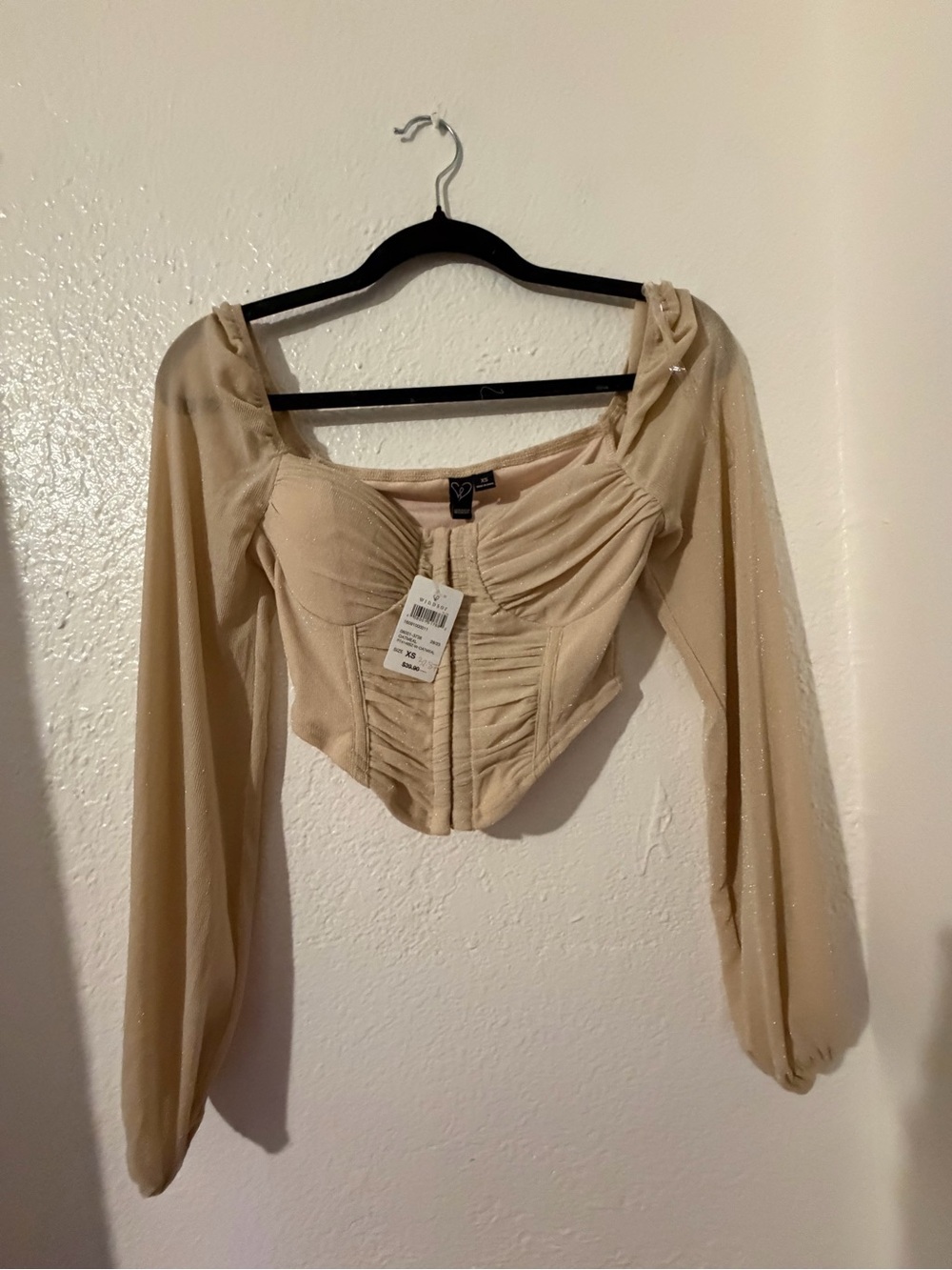Glitter Beige Long-Sleeve Ruched Corset Top